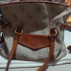 Dooney & Bourke Tan and Brown Monogram Shoulder Bag with Leather Trim